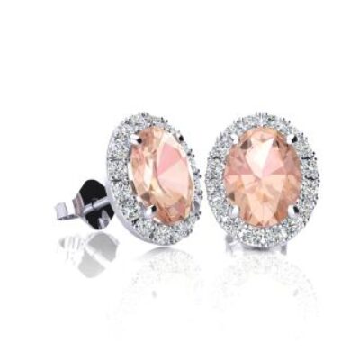 Morganite Earrings | Oval Shape Morganite Earrings and Diamond Halo In 14 Karat White Gold