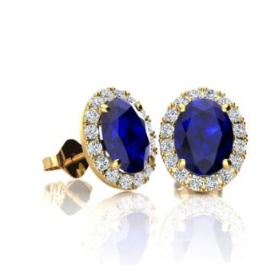 Sapphire Earrings | September Birthstone | 1 1/3ct Oval Sapphire and Halo Diamond Stud Earrings In 14K Yellow Gold | SuperJeweler