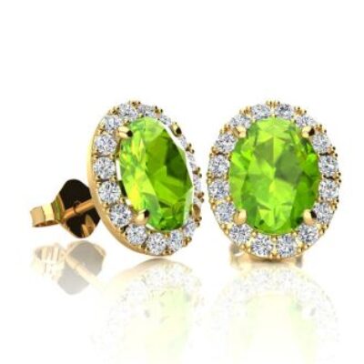 Peridot Earrings | August Birthstone | 2ct Oval Peridot and Halo Diamond Stud Earrings In 14K Yellow Gold | SuperJeweler