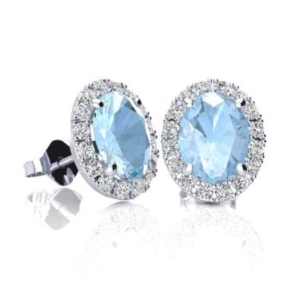 Aquamarine Earrings | March Birthstone | 1 3/4ct Oval Aquamarine and Halo Diamond Stud Earrings In 14K White Gold