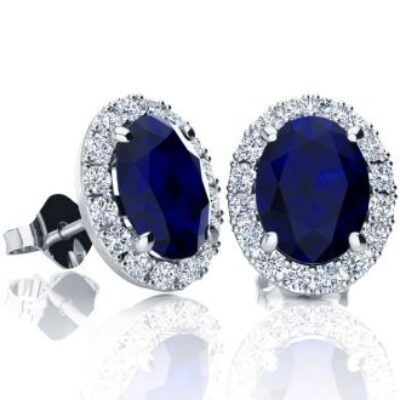 Sapphire Earrings | September Birthstone | 3 1/2ct Oval Sapphire and Halo Diamond Stud Earrings In 14K White Gold | SuperJeweler