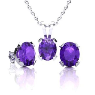 Amethyst Necklace And Earring Set | February Birthstone | 3ct Oval Amethyst Necklace and Earring Set In Sterling Silver | SuperJeweler