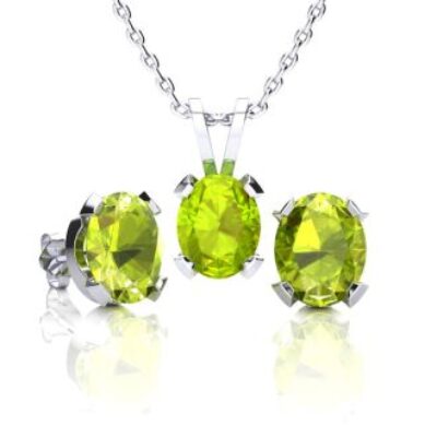 Peridot Necklace and Earring Set | August Birthstone | 3ct Oval Peridot Necklace and Earring Set In Sterling Silver | SuperJeweler