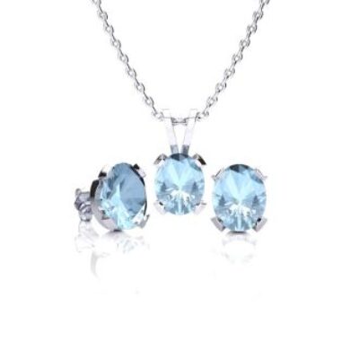 Aquamarine Necklace | March Birthstone | 3 Carat Oval Aquamarine Necklace & Earring Set in Sterling Silver