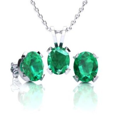 Emerald Necklaces | Oval Shape Emerald Necklaces and Earring Set In Sterling Silver, 18 Inch Chain