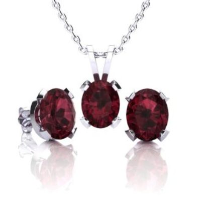 Garnet Necklace | January Birthstone | 3ct Oval Garnet Necklace and Earring Set In Sterling Silver