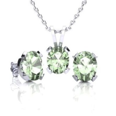 Green Amethyst | Green Amethyst Necklace And Earring Set | 3ct Oval Green Amethyst Necklace and Earring Set In Sterling Silver | SuperJeweler