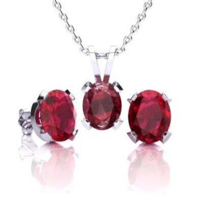 Ruby Necklace & Earrings Set | July Birthstone | 3 Carat Oval Ruby Necklace & Earring Set in Sterling Silver