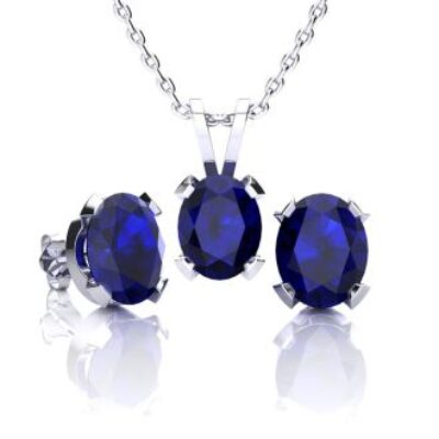 Sapphire Necklace and Earring Set | September Birthstone | 3ct Oval Sapphire Necklace and Earring Set In Sterling Silver | SuperJeweler