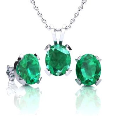 Emerald Necklaces | Oval Shape Emerald Necklaces and Earring Set In Sterling Silver, 18 Inch Chain