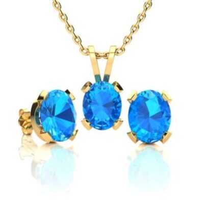 December Birthstone | Blue Topaz Necklace and Earring Set | 3ct Oval Blue Topaz Necklace and Earring Set In 14K Yellow Gold Over Sterling Silver