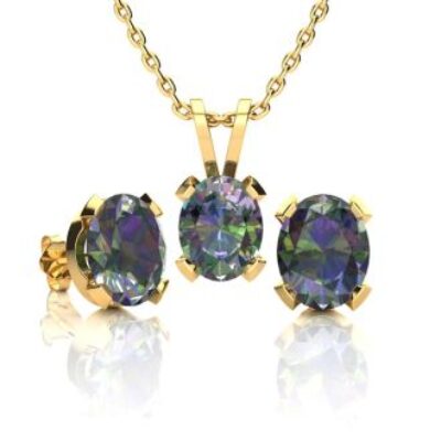 Mystic Topaz Necklace | Oval Shape Mystic Topaz Necklace and Earring Set In 14 Karat Yellow Gold Over Sterling Silver, 18 Inches