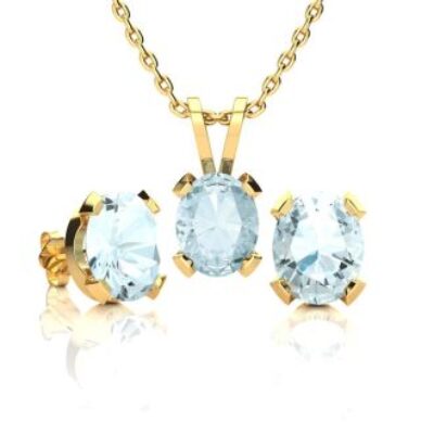 Aquamarine Necklace | March Birthstone | 3ct Oval Aquamarine Necklace and Earring Set In 14K Yellow Gold Over Sterling Silver