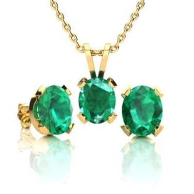 Emerald Necklaces | Oval Shape Emerald Necklaces and Earring Set In 14 Karat Yellow Gold Over Sterling Silver, 18 Inch Chain