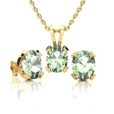 Green Amethyst | Green Amethyst Necklace And Earring Set | 3ct Oval Green Amethyst Necklace and Earring Set In 14K Yellow Gold Over Sterling Silver