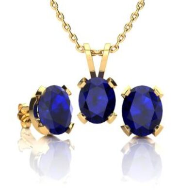 Sapphire Necklace and Earring Set | September Birthstone | 3ct Oval Sapphire Necklace and Earring Set In 14K Yellow Gold Over Sterling Silver