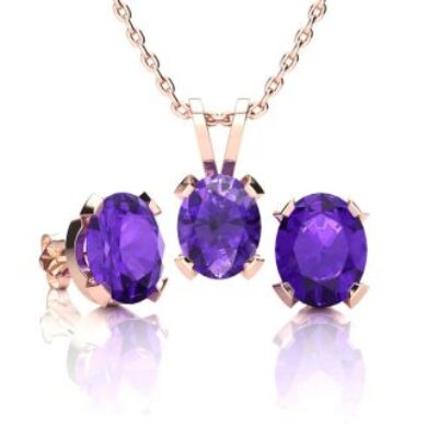 Amethyst Necklace And Earring Set | February Birthstone | 3ct Oval Amethyst Necklace and Earring Set In 14K Rose Gold Over Sterling Silver