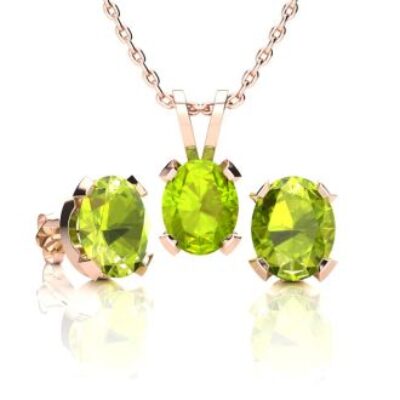 Peridot Necklace and Earring Set | August Birthstone | 3ct Oval Peridot Necklace and Earring Set In 14K Rose Gold Over Sterling Silver