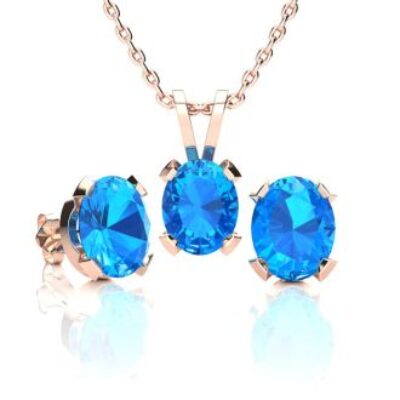 December Birthstone | Blue Topaz Necklace and Earring Set | 3ct Oval Blue Topaz Necklace and Earring Set In 14K Rose Gold Over Sterling Silver