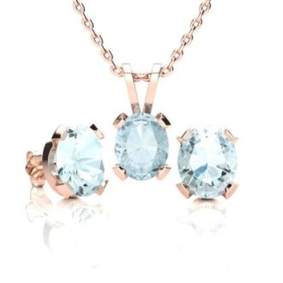 Aquamarine Necklace | March Birthstone | 3ct Oval Aquamarine Necklace and Earring Set In 14K Rose Gold Over Sterling Silver