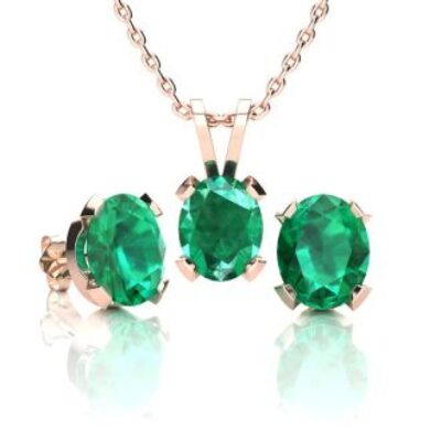 Emerald Necklaces | Oval Shape Emerald Necklaces and Earring Set In 14 Karat Rose Gold Over Sterling Silver, 18 Inch Chain