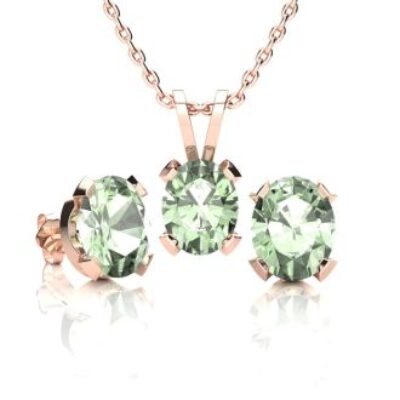 Green Amethyst | Green Amethyst Necklace And Earring Set | 3ct Oval Green Amethyst Necklace and Earring Set In 14K Rose Gold Over Sterling Silver