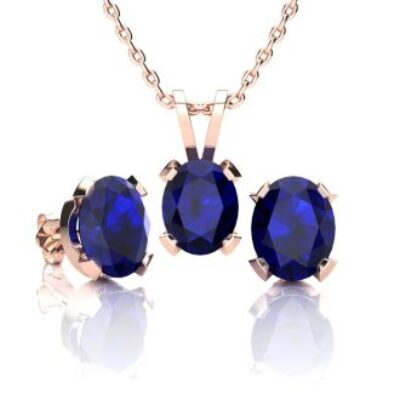 Sapphire Necklace and Earring Set | September Birthstone | 3ct Oval Sapphire Necklace and Earring Set In 14K Rose Gold Over Sterling Silver