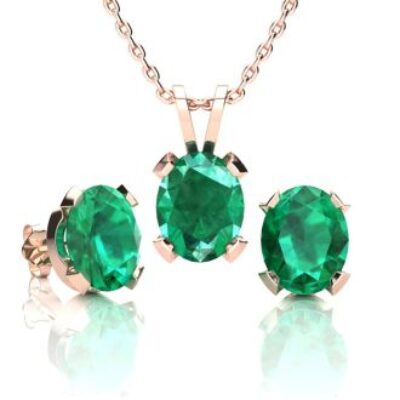 Emerald Necklaces | Oval Shape Emerald Necklaces and Earring Set In 14 Karat Rose Gold Over Sterling Silver, 18 Inch Chain