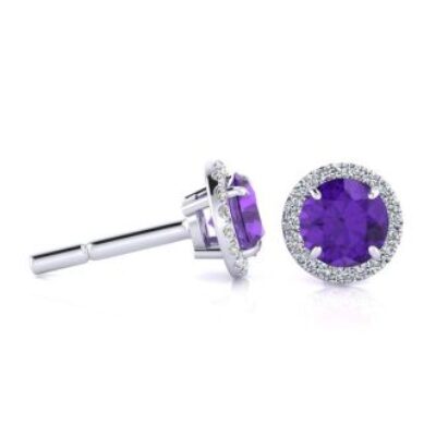 1 Carat Round Shape Amethyst and Halo Diamond Earrings In 14 Karat White Gold | SuperJeweler