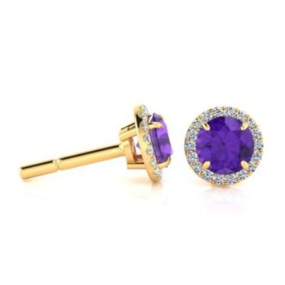 1 Carat Round Shape Amethyst and Halo Diamond Earrings In 14 Karat Yellow Gold | SuperJeweler