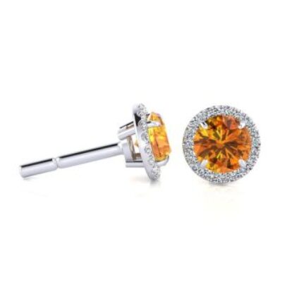 1 Carat Round Shape Citrine and Halo Diamond Earrings In 14 Karat White Gold | SuperJeweler