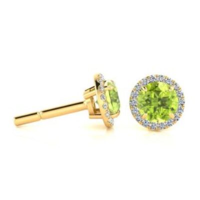 1 1/4 Carat Round Shape Peridot and Halo Diamond Earrings In 14 Karat Yellow Gold | SuperJeweler