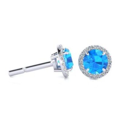 1 1/4 Carat Round Shape Blue Topaz and Halo Diamond Earrings In 14 Karat White Gold | SuperJeweler