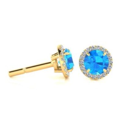 1 1/4 Carat Round Shape Blue Topaz and Halo Diamond Earrings In 14 Karat Yellow Gold | SuperJeweler