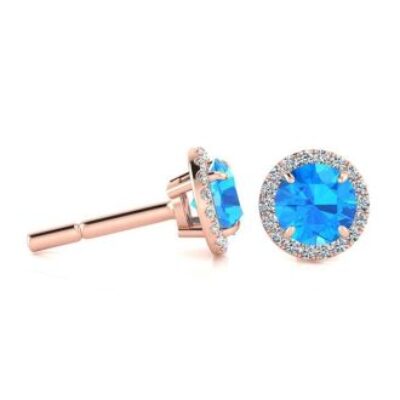 1 1/4 Carat Round Shape Blue Topaz and Halo Diamond Earrings In 14 Karat Rose Gold | SuperJeweler