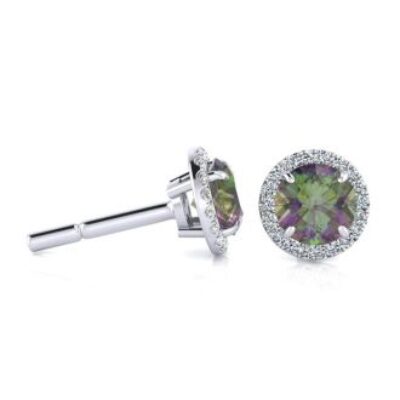 1 Carat Round Shape Mystic Topaz and Halo Diamond Earrings In 14 Karat White Gold | SuperJeweler