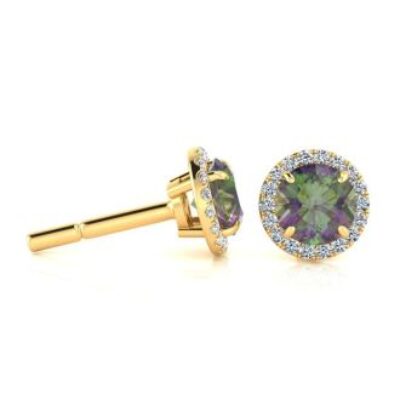 1 Carat Round Shape Mystic Topaz and Halo Diamond Earrings In 14 Karat Yellow Gold | SuperJeweler