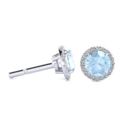 Aquamarine Earrings | March Birthstone | 1 Carat Round Shape Aquamarine and Halo Diamond Earrings In 14 Karat White Gold