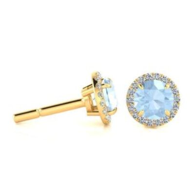 Aquamarine Earrings | March Birthstone | 1 Carat Round Shape Aquamarine and Halo Diamond Earrings In 14 Karat Yellow Gold