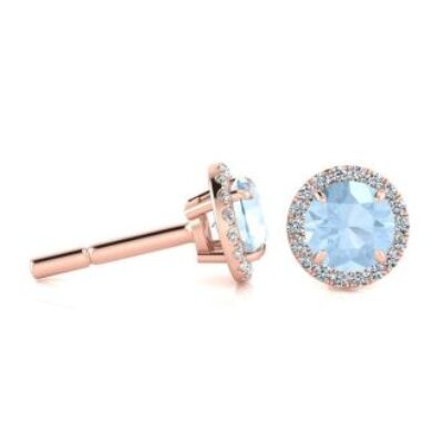 Aquamarine Earrings | March Birthstone | 1 Carat Round Shape Aquamarine and Halo Diamond Earrings In 14 Karat Rose Gold