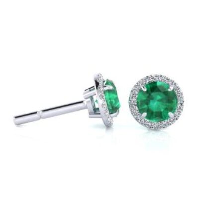 1 Carat Round Shape Emerald and Halo Diamond Earrings In 14 Karat White Gold | SuperJeweler