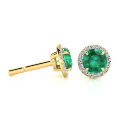 1 Carat Round Shape Emerald and Halo Diamond Earrings In 14 Karat Yellow Gold | SuperJeweler