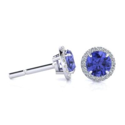 1 1/4 Carat Round Shape Tanzanite and Halo Diamond Earrings In 14 Karat White Gold | SuperJeweler