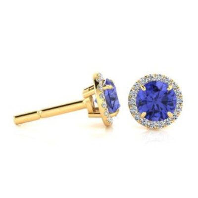 1 1/4 Carat Round Shape Tanzanite and Halo Diamond Earrings In 14 Karat Yellow Gold | SuperJeweler