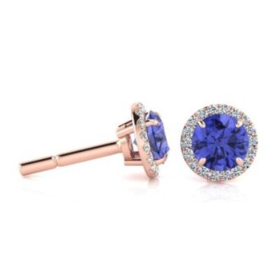 1 1/4 Carat Round Shape Tanzanite and Halo Diamond Earrings In 14 Karat Rose Gold | SuperJeweler