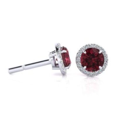 Garnet Earrings | January Birthstone | 1 1/3 Carat Round Shape Garnet and Halo Diamond Earrings In 14 Karat White Gold