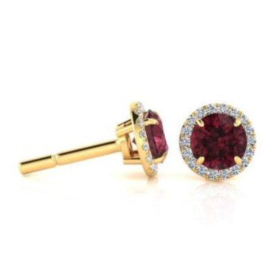 Garnet Earrings | January Birthstone | 1 1/3 Carat Round Shape Garnet and Halo Diamond Earrings In 14 Karat Yellow Gold