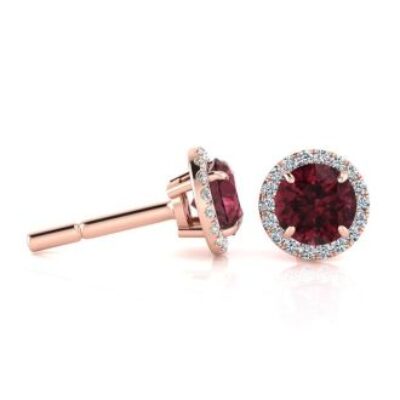 Garnet Earrings | January Birthstone | 1 1/3 Carat Round Shape Garnet and Halo Diamond Earrings In 14 Karat Rose Gold