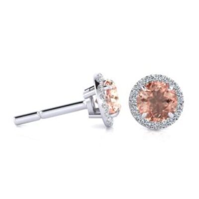 Morganite Earrings | Round Shape Morganite Earrings and Diamond Halo In 14 Karat White Gold