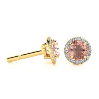 Morganite Earrings | Round Shape Morganite Earrings and Diamond Halo In 14 Karat Yellow Gold